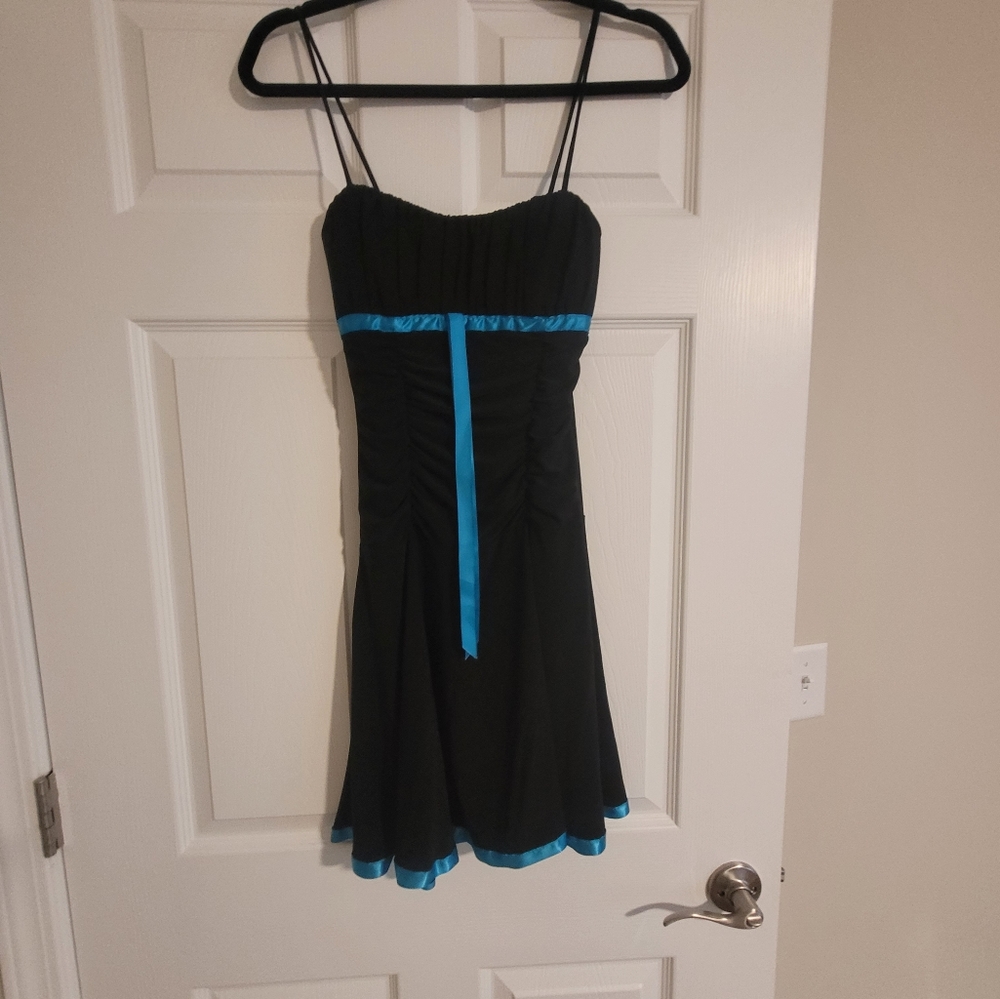 Black with blue ribbon homecoming dress